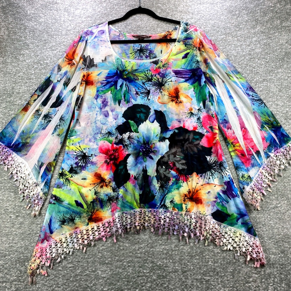 Nightwaye‎ Sienna Rose Womens 1X Floral Print Bell Sleeve Crochet Hem Tunic Top